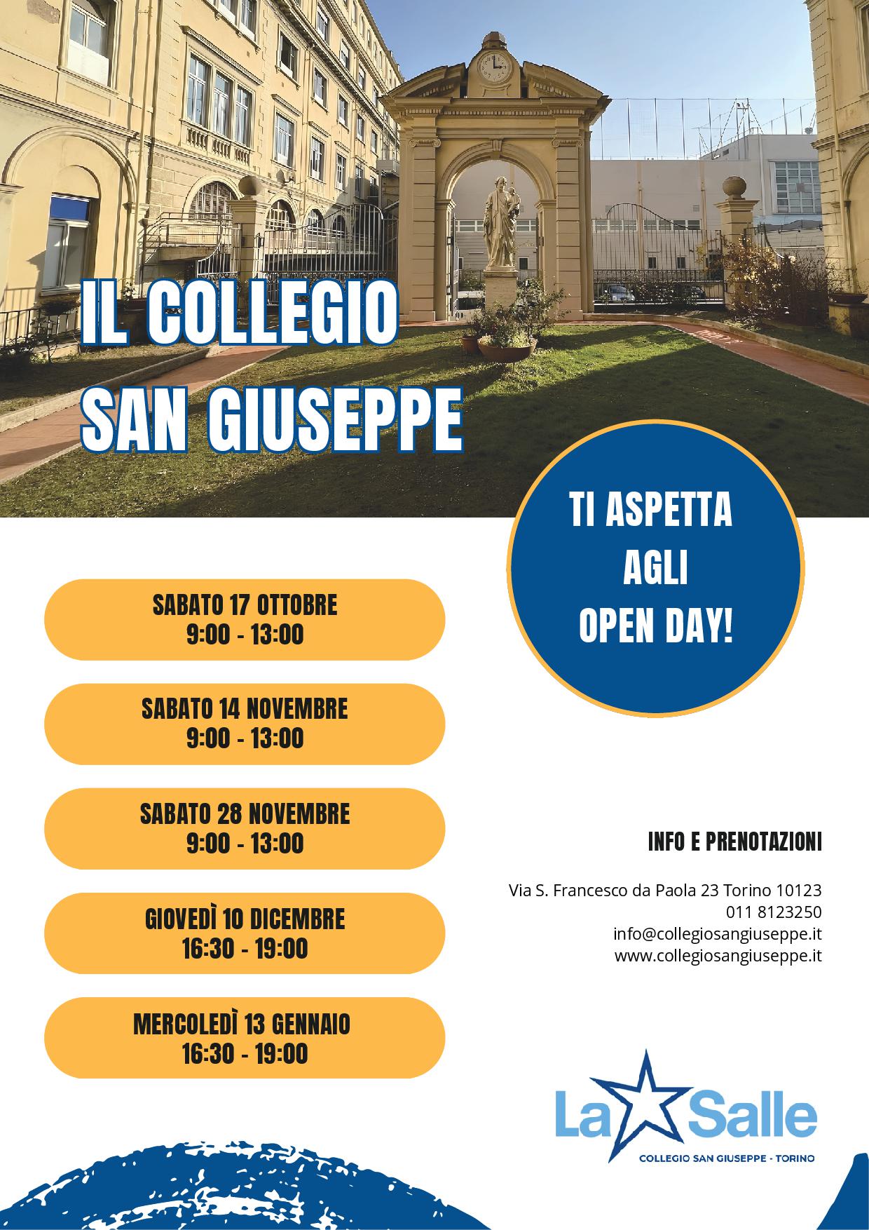 Volantino degli Open Day del Collegio San Giuseppe: le cinque date da sabato 17 ottobre a mercoledì 13 gennaio, con gli orari e i recapiti per info e prenotazioni